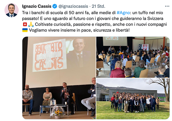 Tweet du président de la Confédération Cassis depuis l’école secondaire de Agno, avec trois images : deux prises pendant la rencontre dans l’auditorium et une avec le groupe. 