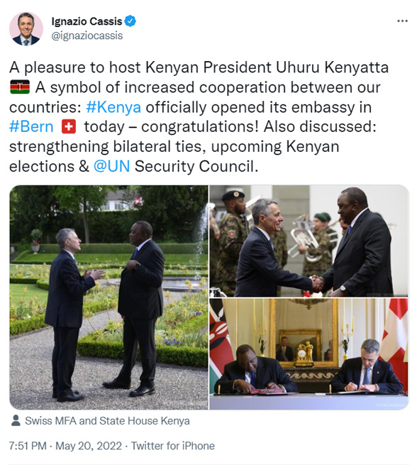 A tweet by President Cassis on his meeting with Kenya's President Kenyatta. Pictures show the two presidents greeting each other, talking in the garden of the Lohn and signing a memorandum of understanding.