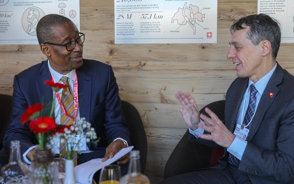 Bundesrat Ignazio Cassis und der nigerianische Industrieminister Okechukwu Enelamah posieren am WEF in Davos für ein Foto.