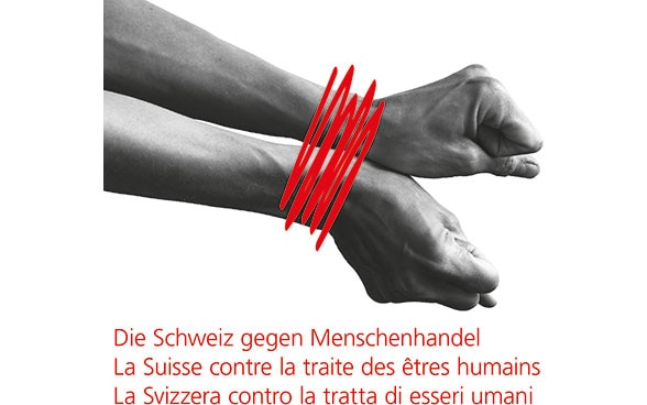 Symbolig image for human trafficking: hands cuffed by red lines