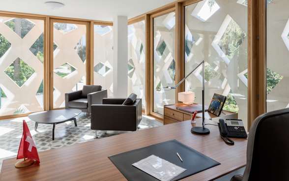 Interior of the Swiss embassy in Algiers. The lattice façade creates a shaded interior space. 