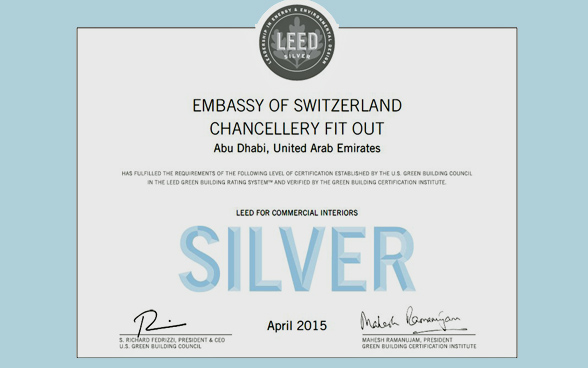 Copy of the LEED Silver certification awarded to the embassy.