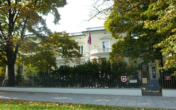 The Embassy of Switzerland in Warsaw viewed from outside.