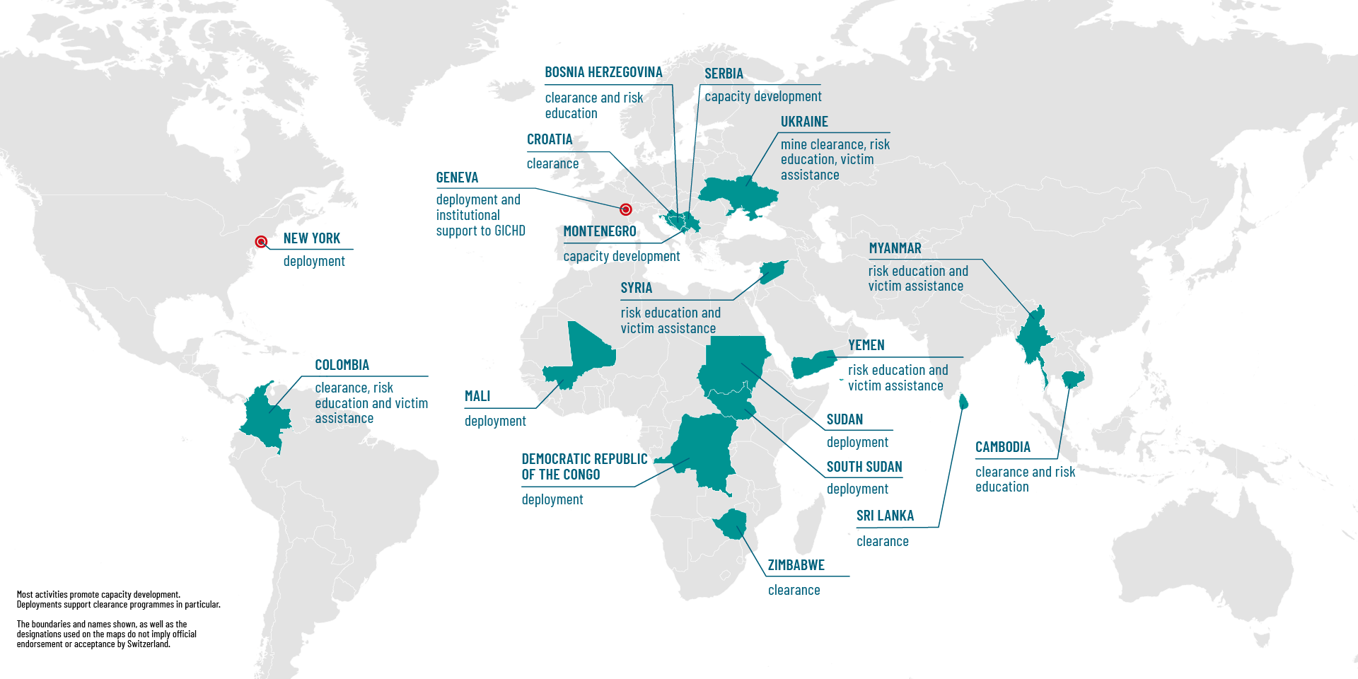 Map showing the countries in which Switzerland is active in humanitarian demining.