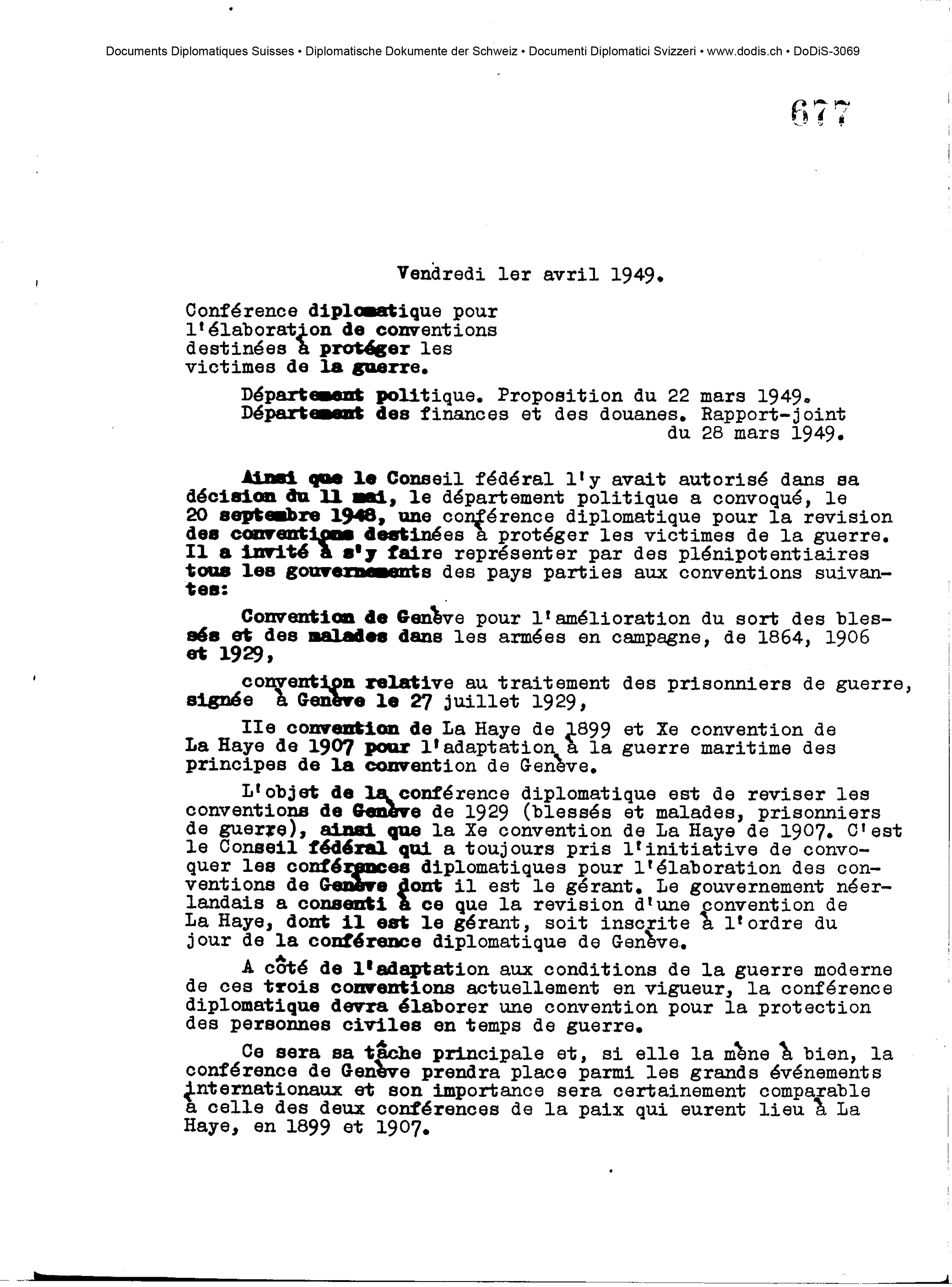 Décision du Conseil fédéral du 1er avril 1949