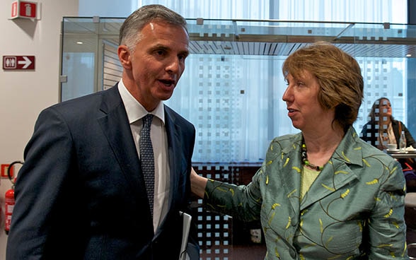 Didier Burkhalter with Chaterine Ashton at the Foreign Affairs Council of the UE in Brussels 