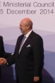 The President of the Swiss Confederation, Didier Burkhalter, greets Lamberto Zannier, Secretary General at the OSCE Ministerial Council 2014 in Basel