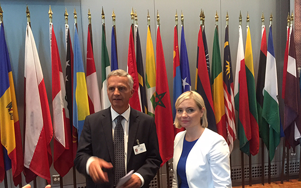 Federal Councillor Didier Burkhalter  with Icelandic Minister for Foreign Affairs Lilja Dögg Alfreosdottir.