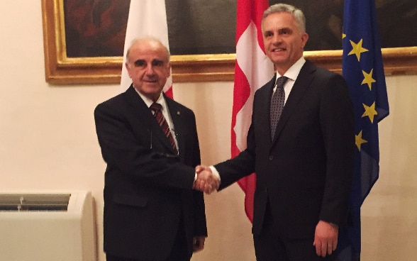 Le Conseiller fédéral Didier Burkhalter et le ministre maltais des affaires étrangères, George W. Vella. © DFAE