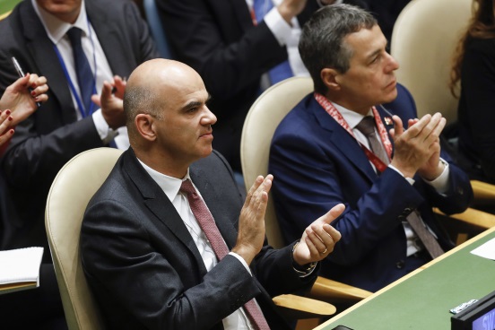 Il presidente della Confederazione Alain Berset, a sinistra, e il consigliere federale Ignazio Cassis, durante la 73a sessione dell'Assemblea generale delle Nazioni Unite