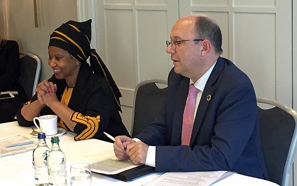 Phumzile Mlambo-Ngcuka, executive director of UN Women, answered questions from the media together with Thomas Gass, assistant director general of the SDC.