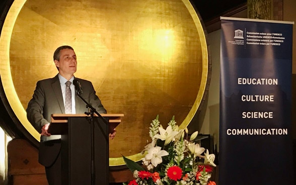 Le conseiller fédéral Ignazio Cassis lors du discours tenu à l’occasion des 70 ans de l’adhésion de la Suisse à l’UNESCO