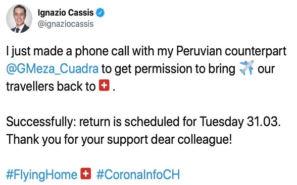 Picture of the tweet from Federal Councilor Cassis after his telephone contact with Peru's Foreign Minister Meza-Cuadra Velásquez.