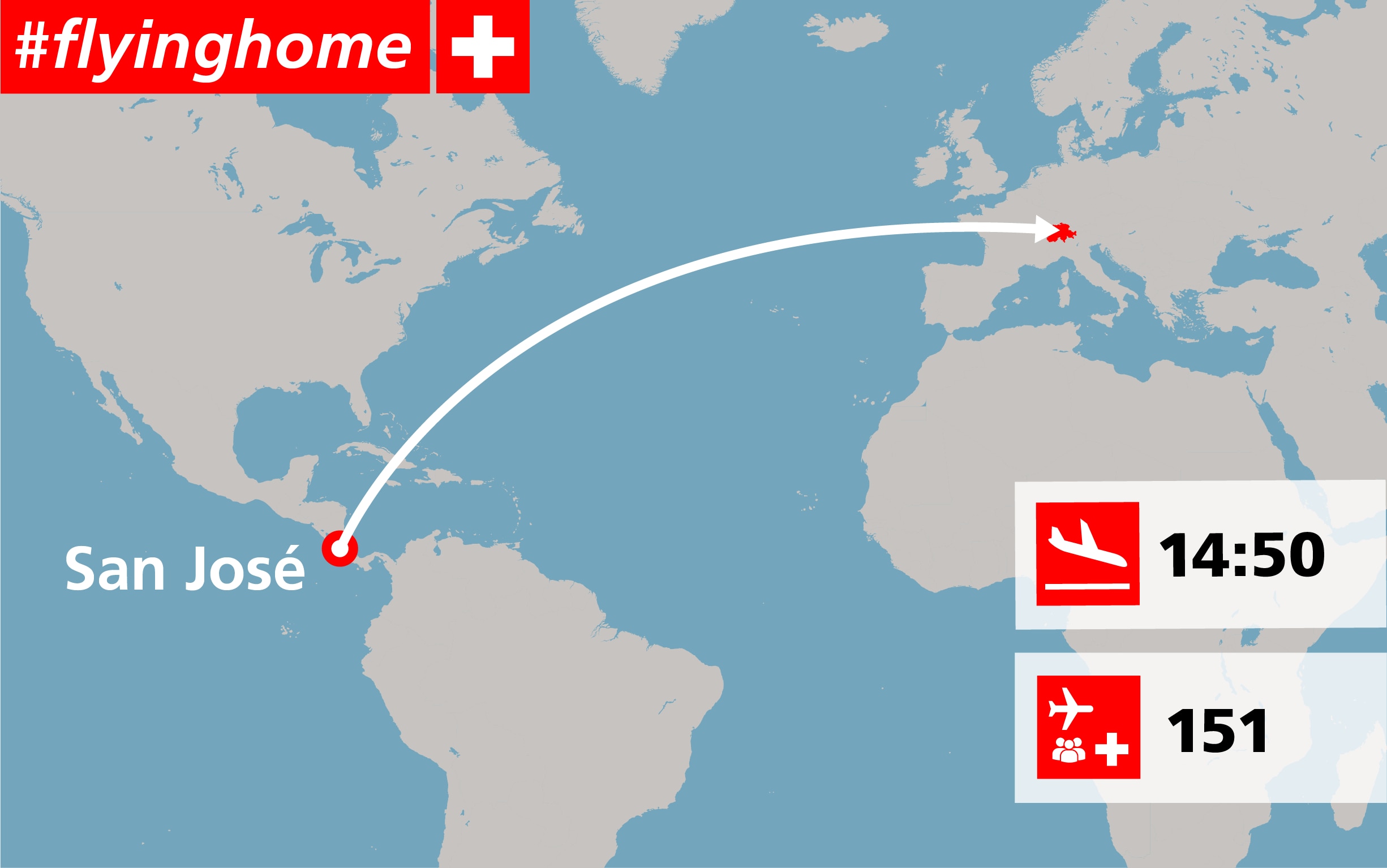 Une carte indique l'itinéraire du vol San José à Zurich