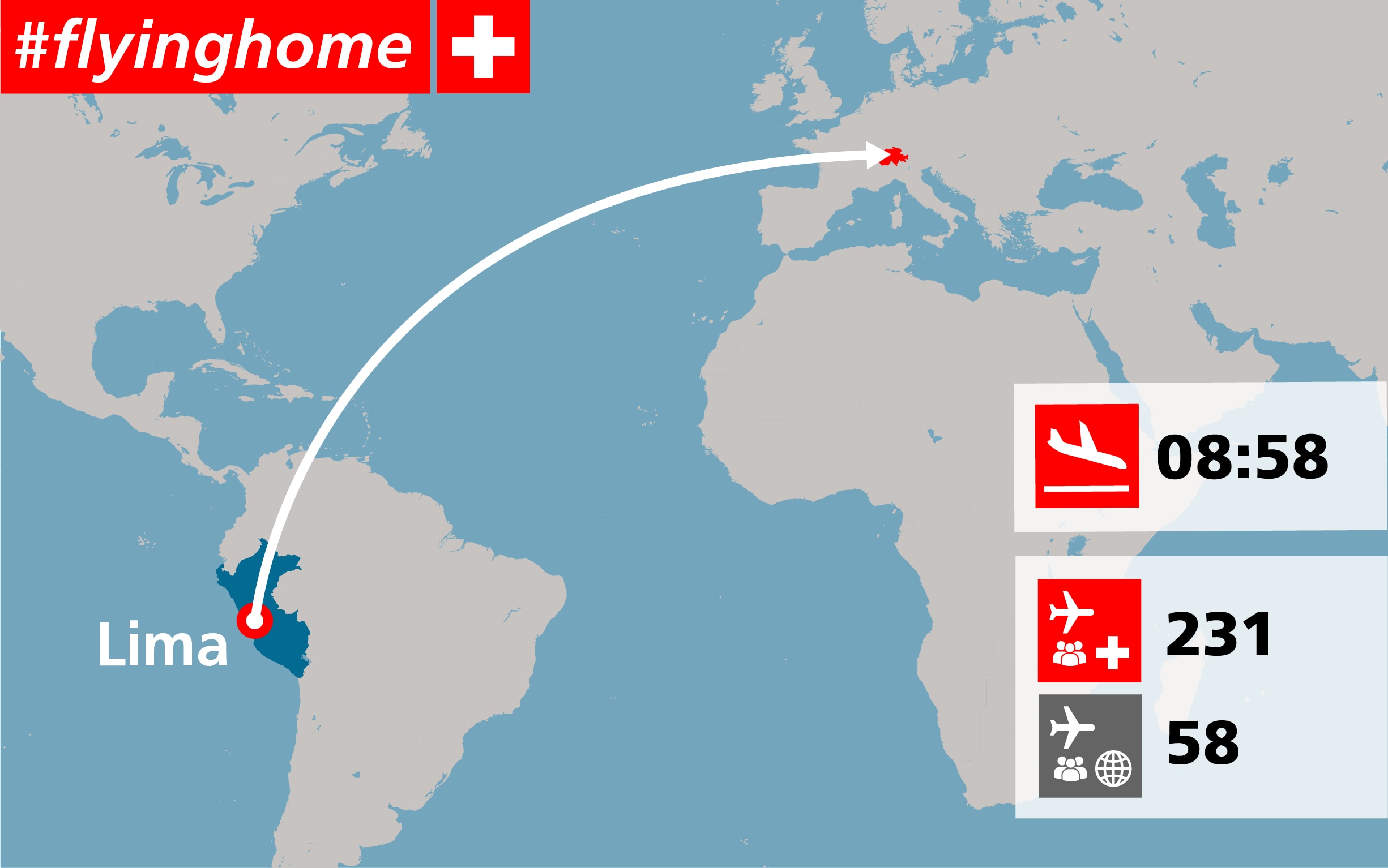   Map showing the route of the flight from Lima to Zurich