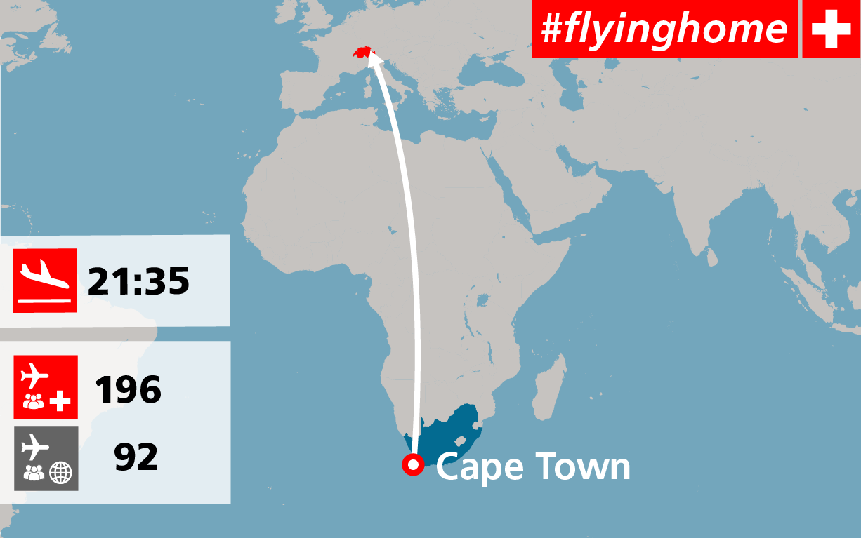 Karte: Route für den Rückholflug aus Kapstadt in die Schweiz