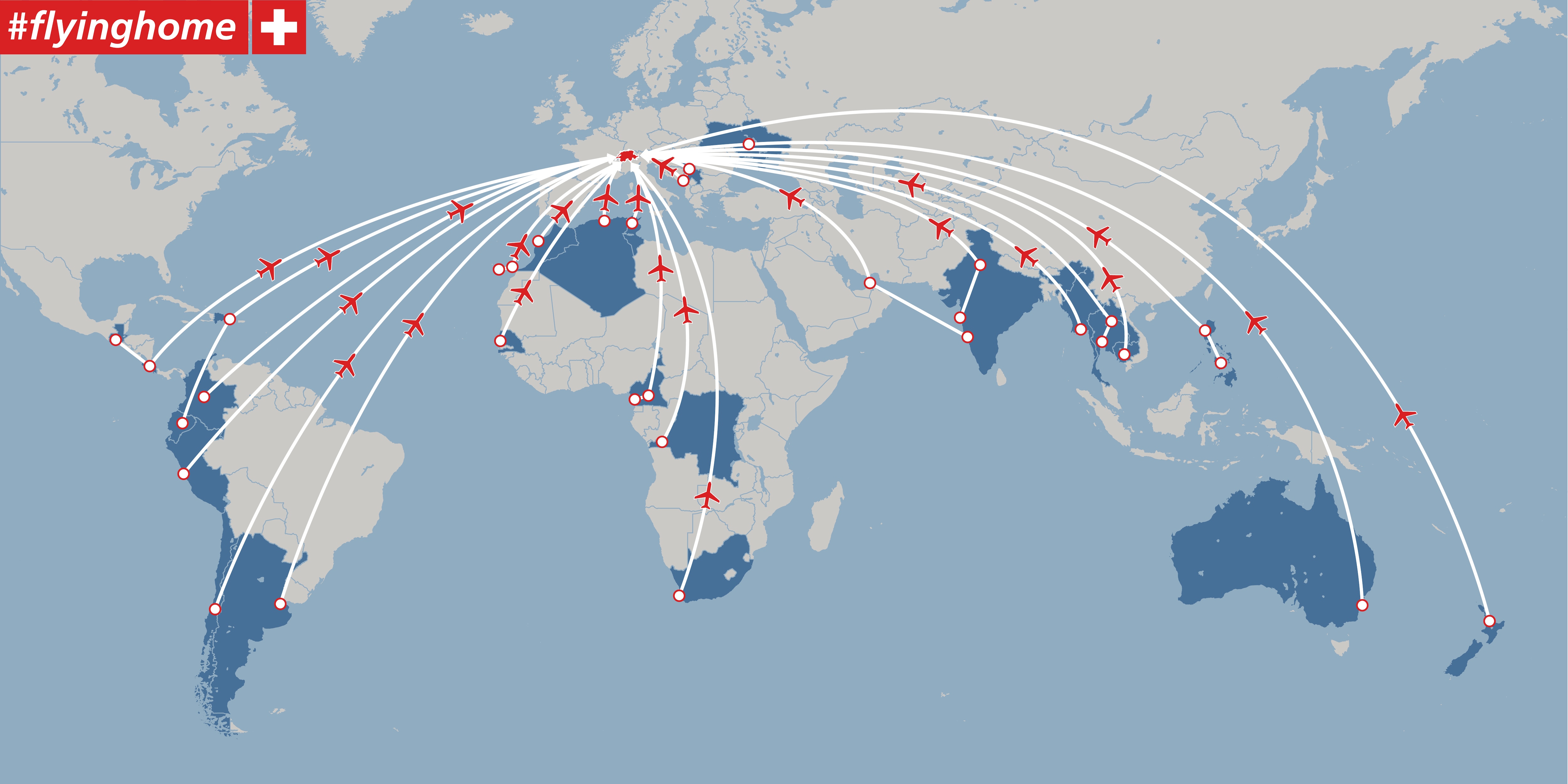 World map with all return flights drawn in