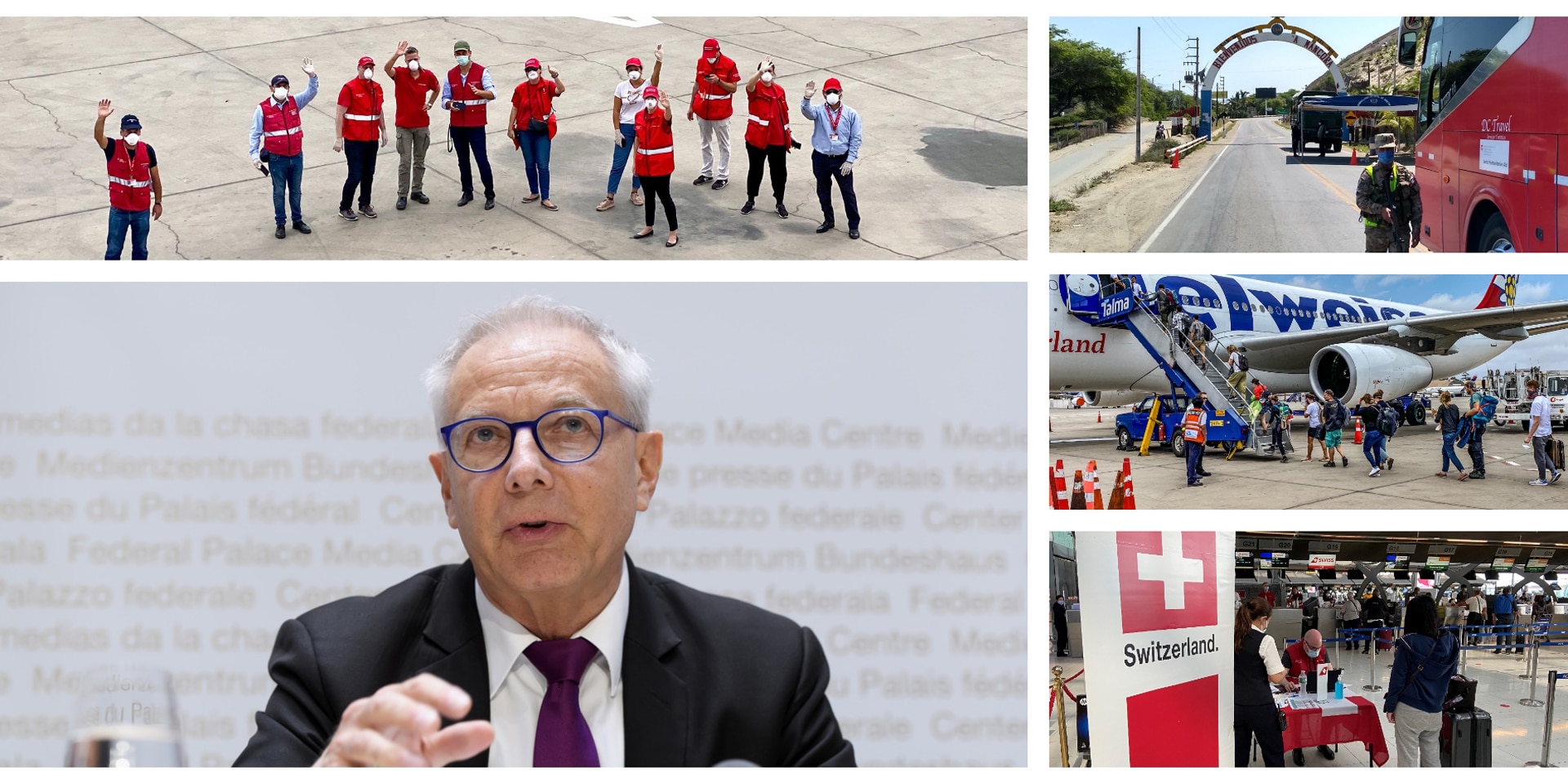 Collage: Johannes Matyassy speaks at a media conference; embassy staff wave on the taxiway of an airport; a bus organised by Switzerland is checked in Peru; blocked Swiss travellers board an Edelweiss plane; a staff member of a Swiss representation looks after a traveller at a check-in counter. 
