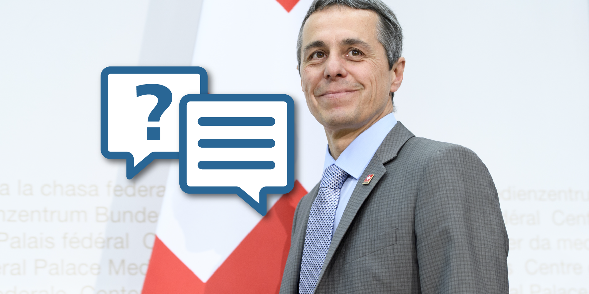 Ein Porträt-Bild von Bundesrat Cassis mit einem grafischen Motiv, das auf ein Interview hinweist.