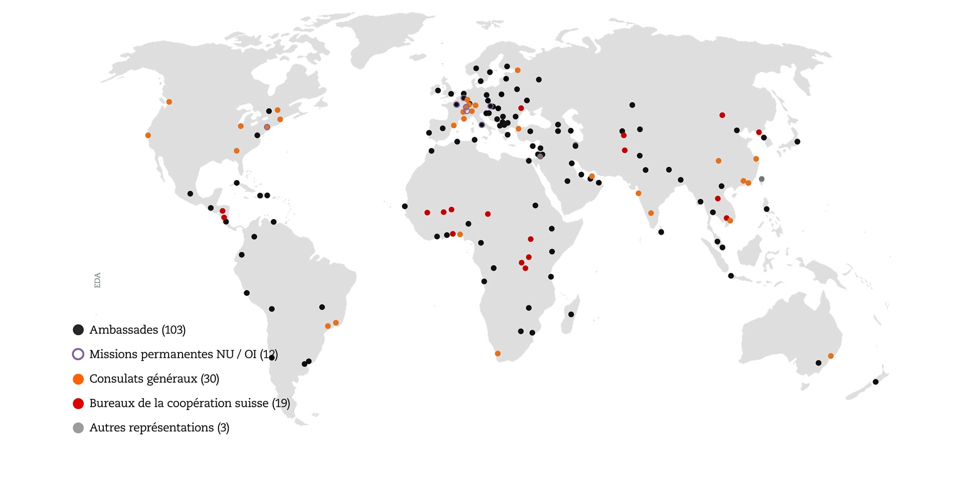 Carte des représentations de la Suisse dans le monde.