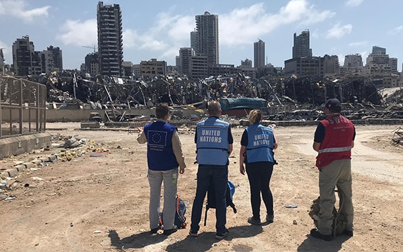 Des experts de Suisse, de l'UE et de l'ONU regardent les ruines de la ville.