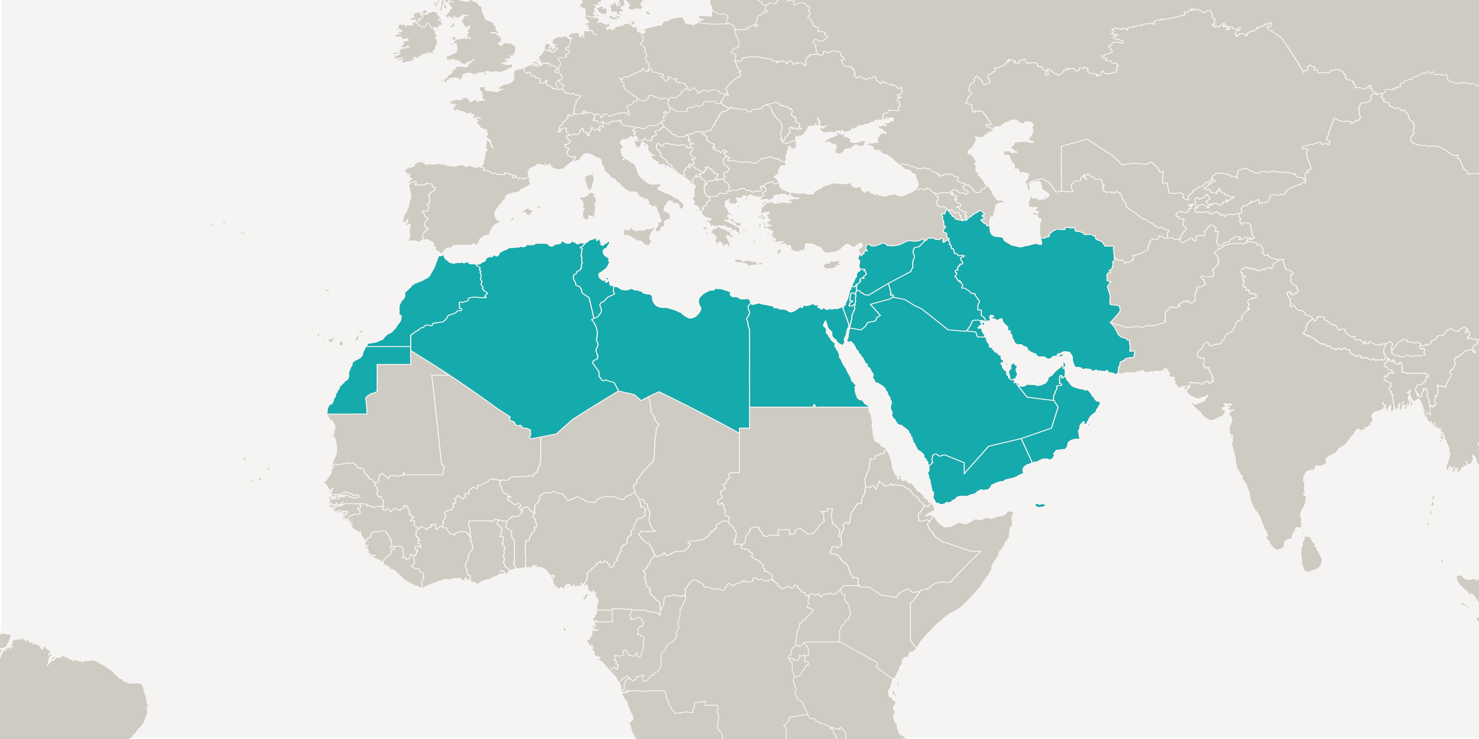 Eine Grafik zeigt den Ausschnitt einer Weltkarte. Farbig hinterlegt sind die 18 Länder der MENA-Region: Middle East and North Africa.