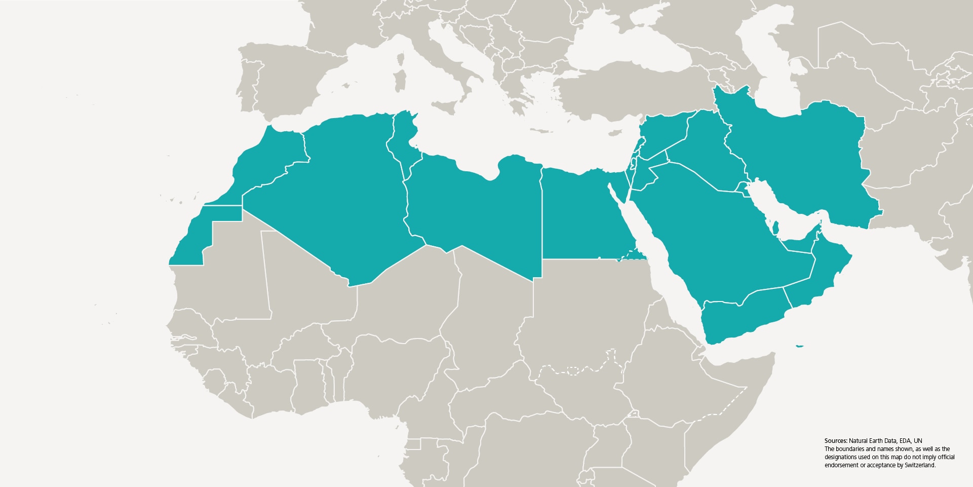 A graphic shows a section of a world map. The 18 countries of the MENA (Middle East and North Africa) region are highlighted in colour.