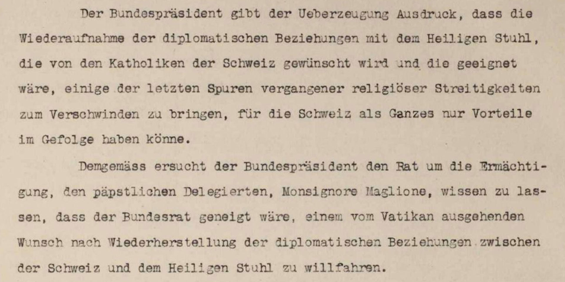 Auszug aus dem Protokoll der Bundesratssitzung vom 18. Juni 1920 zum Antrag von Bundespräsident Giuseppe Motta, die diplomatischen Beziehungen zum Heiligen Stuhl wiederaufzunehmen.