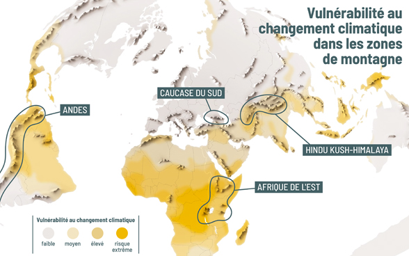 Carte du monde montrant les régions de montagne menacées.