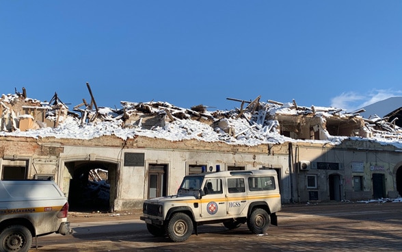 A destroyed building in the centre of Petrinja