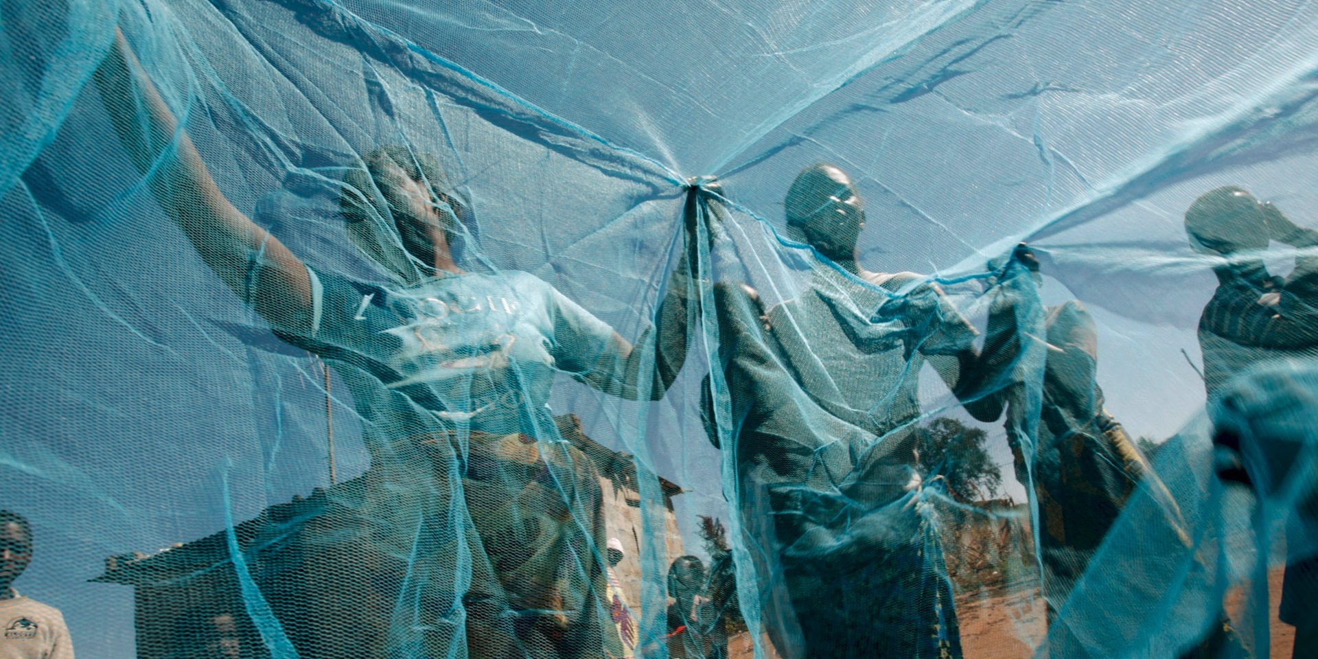 Some children hold up a large blue mosquito net.