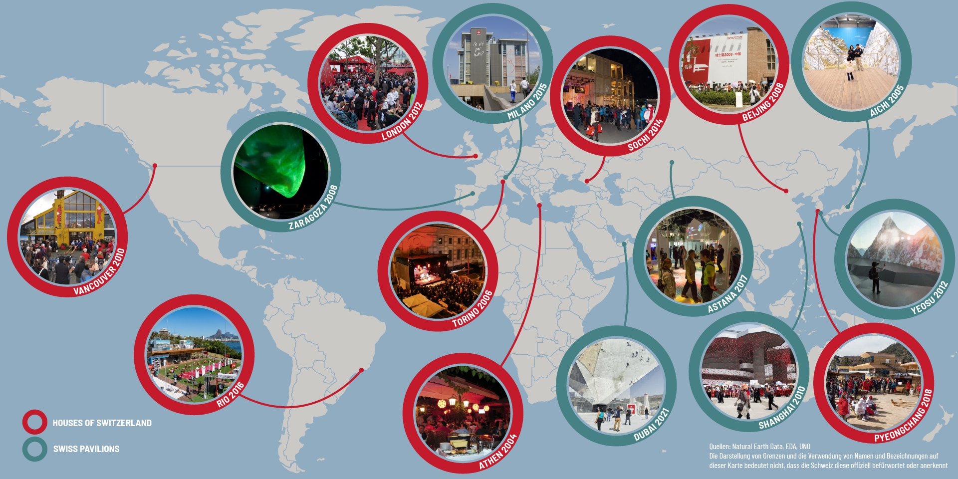 Su una mappa del mondo, diverse icone rappresentano le House of Switzerland e i Padiglioni svizzeri installati in occasione di grandi eventi internazionali.