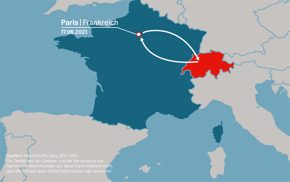 A map showing Federal Councillor Cassis' journey from Switzerland to France.