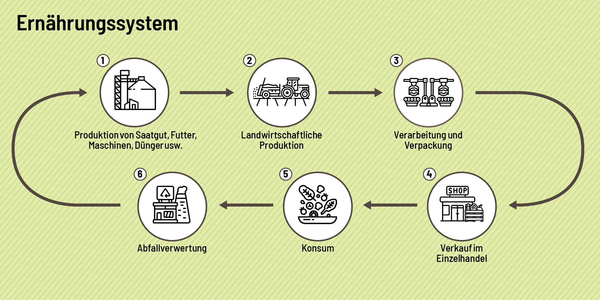 Grafik, die ein Ernährungssystem von der Produktion von Saatgut und Futter zur landwirtschaftlichen Produktion zur Verarbeitung und Verpackung über den Verkauf im Einzelhandel zum Konsum bis hin zur Abfallverwertung aufzeigt.