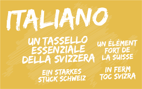  La devise «L’italien: un élément fort de la Suisse» traduite dans les quatre langues nationales. Une carte de la Suisse en arrière-plan. 