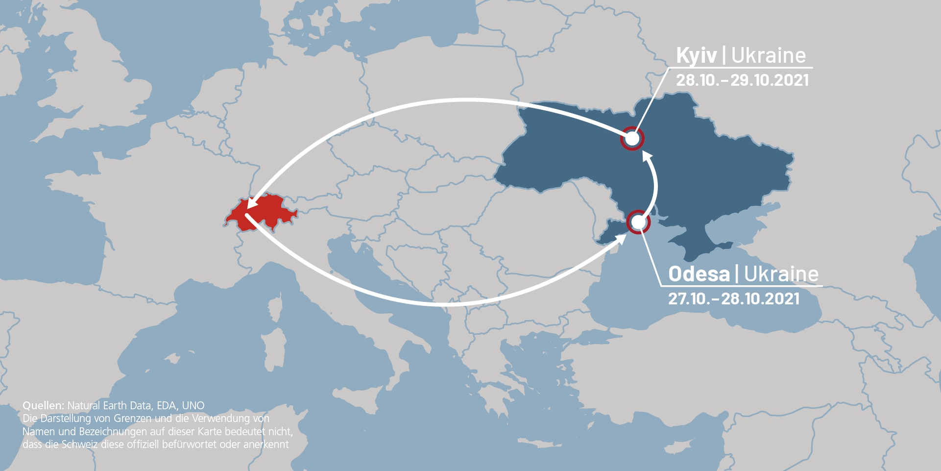 Karte, auf welcher die Zwischenstopps von Bundesrats Cassis Ukrainereise in Odesa und Kyiv illustriert sind.