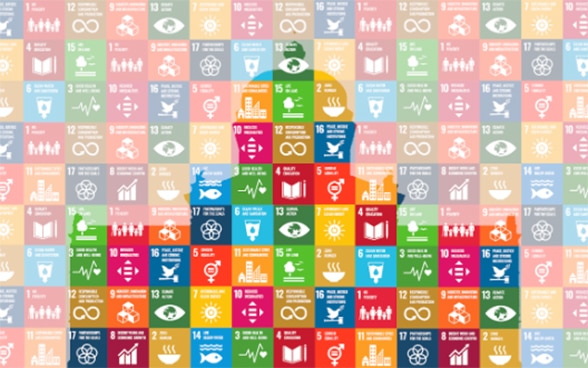 Colourful, small squares containing symbols representing the Sustainable Development Goals of the 2030 Agenda, overlaid with a silhouette of the Parliament building. 
