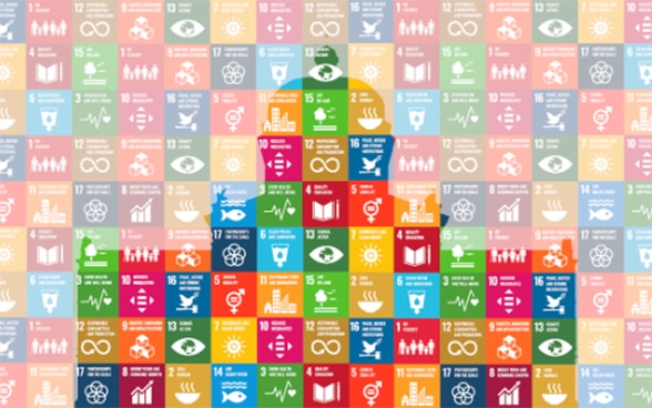 Kleine bunte Quadrate mit Symbolen zu den Zielen für nachhaltige Entwicklung der Agenda 2030 füllen das Bild aus. Zudem sind die Umrisse des Parlamentsgebäudes zu erkennen. 