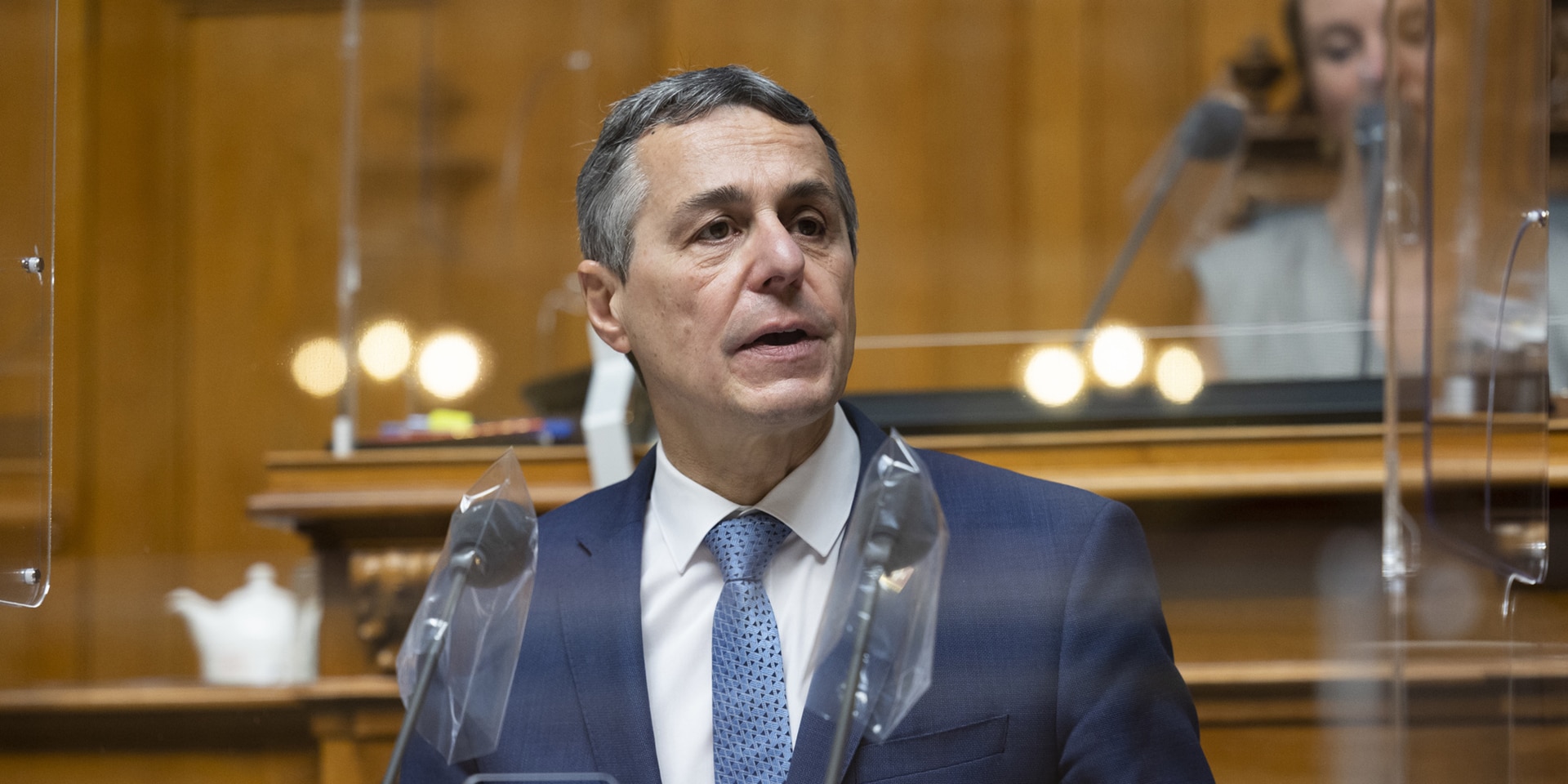 Le Président de la Confédération Ignazio Cassis s’adressant devant l’Assemblée fédérale réunie .