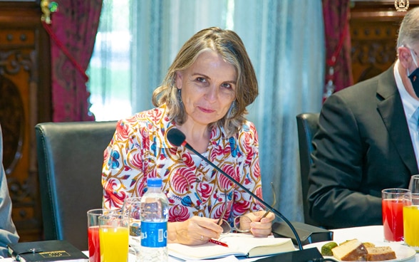 Walburga Roos sitting behind a table in front of a microphone and smiling.