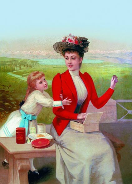 Une publicité datant de la fin du XIXe siècle, mettant en scène une dame et un enfant ouvrant  une boîte de chocolats suisses.