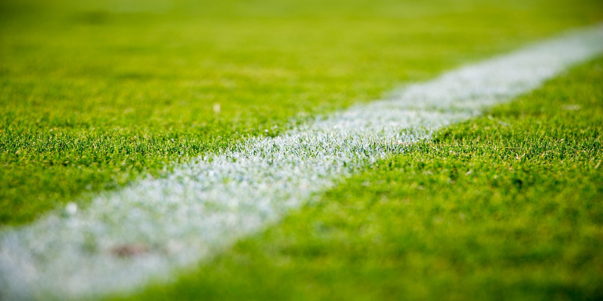 Nahaufnahme einer weissen Linie, die auf dem Rasen eines Fussballplatzes gezogen wurde. 