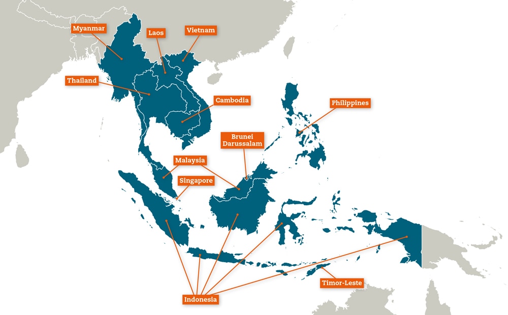 Map with the eleven countries that make up South East Asia: Myanmar, Thailand, Laos, Vietnam, Cambodia, Malaysia, Singapore, Indonesia, Brunei Darussalam, Philippines and Timor Leste.