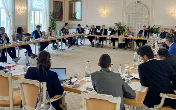 21 women and men from all parts of the world sit around a table and discuss.