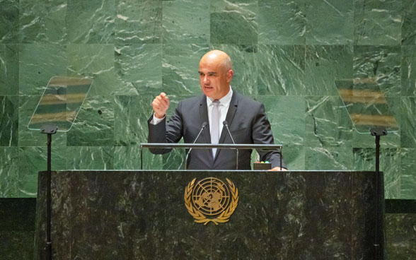 The Swiss president, Alain Berset, speaking before the UN General Assembly.