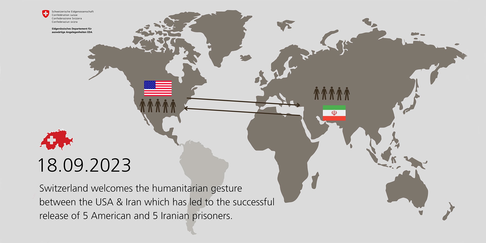 Graphic with a world map and the flags of the USA and Iran, each with five people drawn in and connected with arrows.