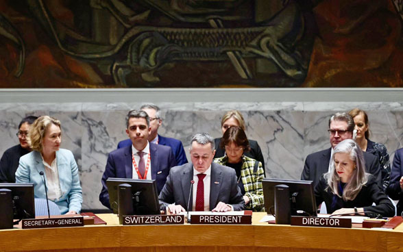 Il Consigliere federale Ignazio Cassis parla al tavolo in forma di ferro di cavallo del Consiglio di Sicurezza dell'ONU.