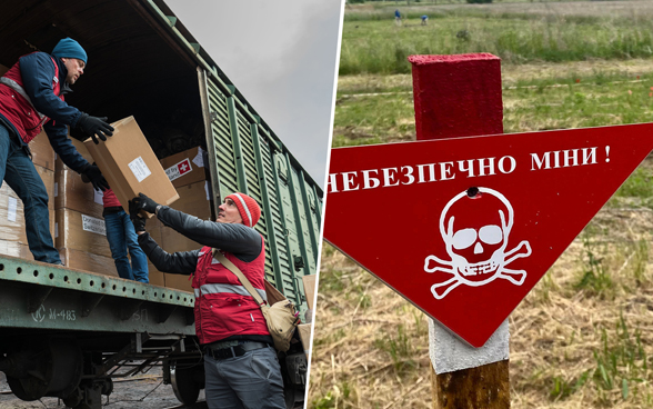  Deux images : Sur l'image de gauche, deux hommes chargent des boîtes dans un train de marchandises, sur l'image de droite, une personne fouille des champs à la recherche de mines. 