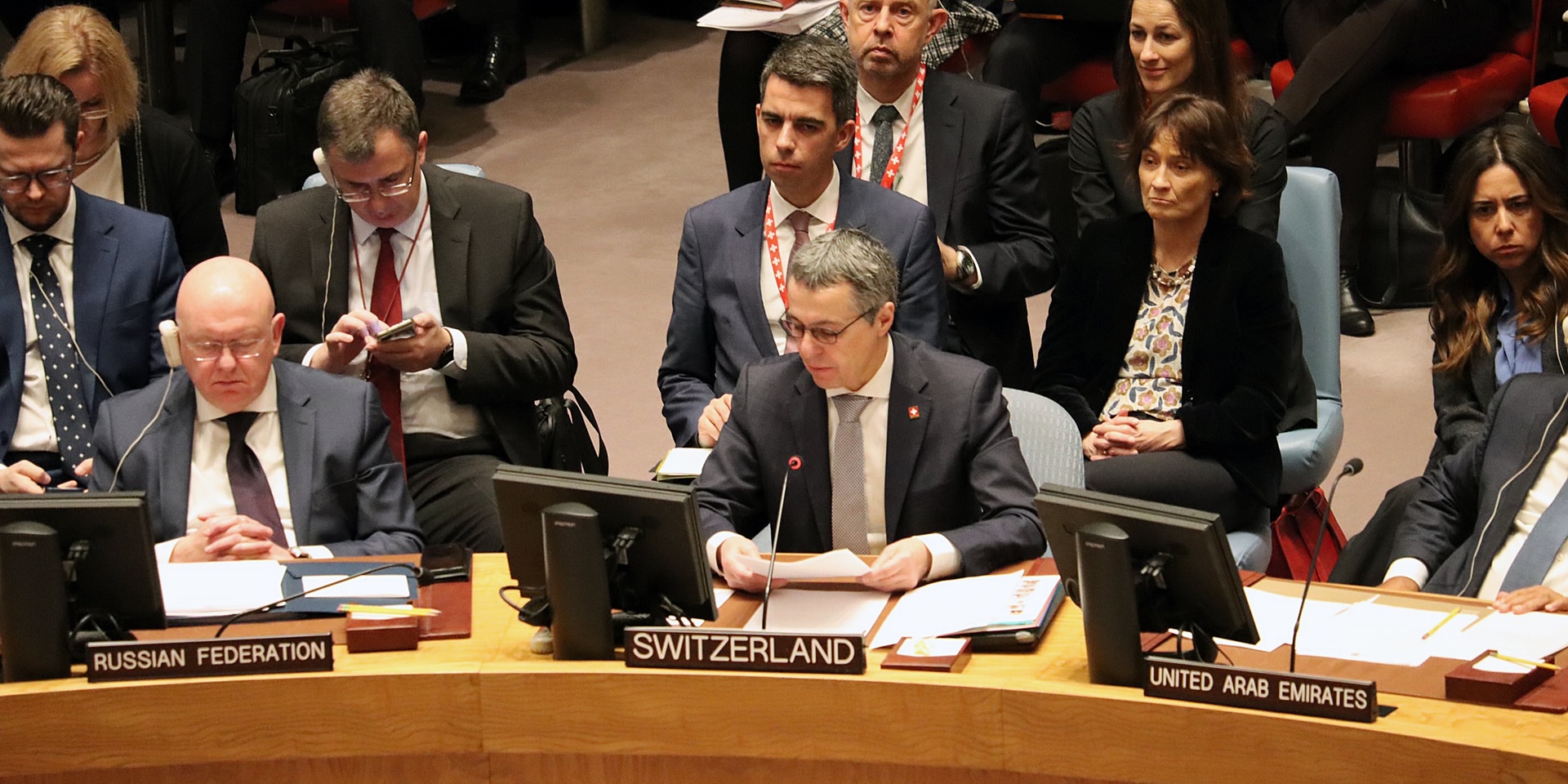Le conseiller fédéral Cassis s'exprime à la table en fer à cheval du Conseil de sécurité de l'ONU.
