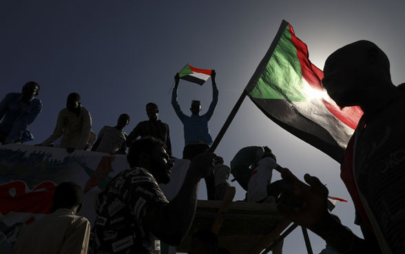 Flags of Sudan are held up in the air during a demonstration. 